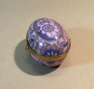 LIMOGES FRANCE.  Egg Shape Lidded Trinket Box Blue Pink Florals 2