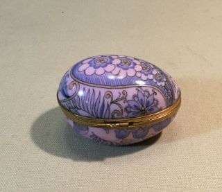 LIMOGES FRANCE.  Egg Shape Lidded Trinket Box Blue Pink Florals 3