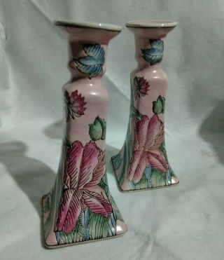 Vintage Porcelain Candlesticks Moriage Glaze Pink With Vibrant Fushia Florals