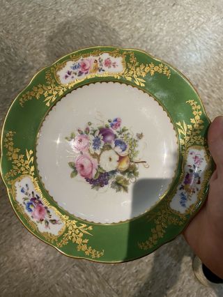 Antique Sevres Style Green Hand Painted Porcelain Plate With Flowers - No Rese