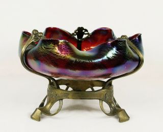 Antique Bohemian Art Nouveau Iridescent Glass Bowl Bronze Base