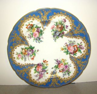 Old Paris Sevres Style Plate W/ Hand Painted Flowers On Blue W/ Gold