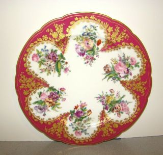 Old Paris Sevres Style Plate W/ Hand Painted Flowers On Maroon Red W/ Gold