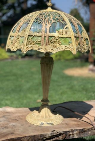 Scenic Antique Slag Glass Panel Table Lamp