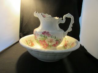Antique British Anchor Pottery Co Red Floral Transferware Pitcher Basin Bowl