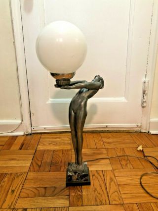 Max Le Verrier Clarté Art Deco Lamp Nude Woman Holding Globe Marble Base