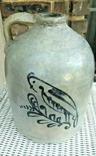 Antique Cobalt Blue Decorated Parrot On A Branch One Gallonstoneware Jug