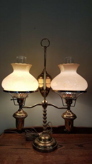 Vintage Double Heavy Brass Student Lamp Opalescent Shades Electrified 22.  5 " Tall