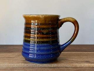 Vintage Stoneware Blue Brown Ribbed Mug Taiwan Drip Glaze Coffee Tea Mug Cup
