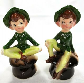 Vintage Salt & Pepper Shakers Green Elves Pixie On Mushroom Enesco Japan