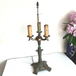 Antique Art Nouveau Cast Iron Table Lamp Bouillotte Hand Painted 3 Light 24 "