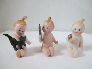 Antique Set Of Three Small German Bisque Baby Girl Sitting Figurines Dolls