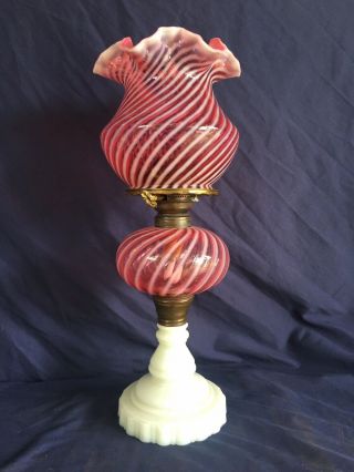 Antique Fenton Cranberry Swirl Opalescent Oil Lamp 3 Way Electrification