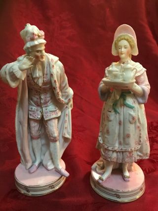 Ernst Bohne Sohne Rudolstadt Porcelain Figurine Pair Man Lady W/ Tea Tray Pink