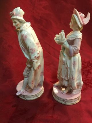 Ernst Bohne Sohne Rudolstadt Porcelain Figurine Pair Man Lady W/ Tea Tray Pink 2