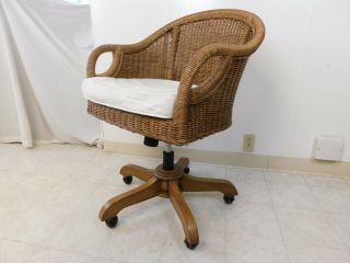 Vintage Florida Sun Room Designer Wicker Bamboo Cane Rolling Office Desk Chair