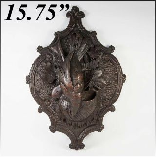 Antique Carved Black Forest " Fruits Of The Hunt " 15.  75 " Wall Plaque,  Match Hold