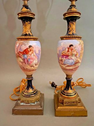 Pair Antique Sevres Style Porcelain Urn Lamps - Hand Painted W Scenes Of Lovers