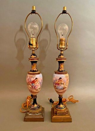 Pair Antique Sevres Style Porcelain Urn Lamps - Hand Painted w Scenes of Lovers 2