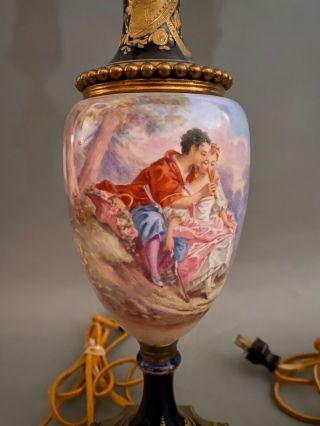 Pair Antique Sevres Style Porcelain Urn Lamps - Hand Painted w Scenes of Lovers 3