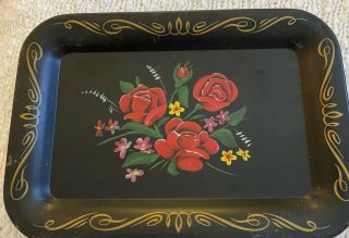 Vintage Mini Metal Serving Tray Black With Roses.