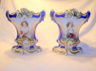 French Old Paris 19th C.  Hand Painted Portrait Vases - 11 " H - B.  Offer