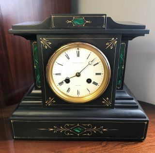 Antique Black Slate Mantel Clock C.  1880 Tiffany & Co.  York W/ Malachite