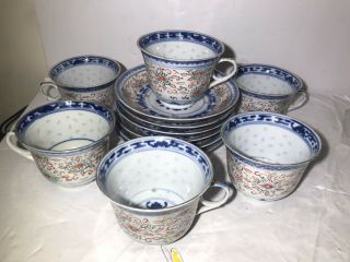 Set Of 6 Antique Chinese Rice Grain Pattern Porcelain Demitasse Cups & Saucers 3