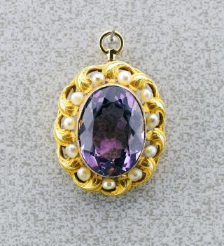 Vintage 14kt Yellow Gold Pendant With 11ct Oval Amethyst And Pearl Accents