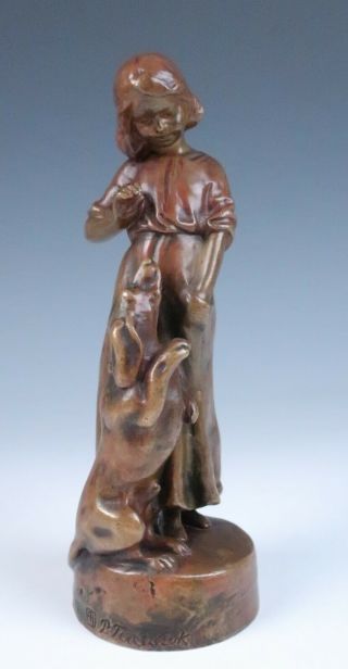 Peter Tereszczuk Bronze Young Girl W/ Dog Figure Austrian Puppy Figurine Vienna