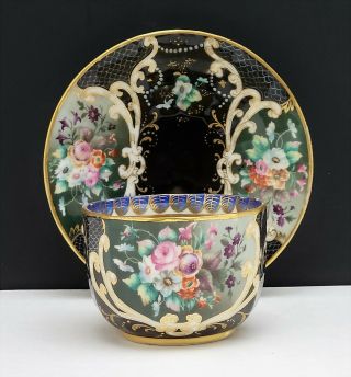 Large Antique Russian Porcelain Cup & Saucer W Floral Portraits Stunning
