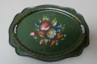 Antique Hand Painted 13.  5 " X 11 " Tole Tray,  Dark Green With Floral Design
