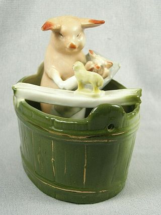 German Pink Pig Porcelain Fairing Figure - Momma Feeding Baby & Toy Sheep In Tub