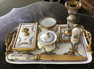 Antique 18th Century French Porcelain 7 Piece Desk Set With Makers Mark