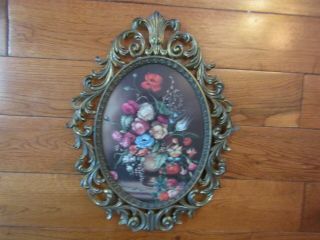 Vintage Ornate Oval Brass Metal Frame Convex Bubble Glass Floral Picture Italy