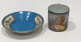 Antique French Sevres Blue Hand Painted Porcelain Portrait Cabinet Cup & Saucer