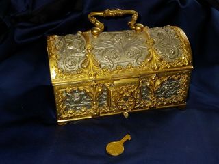 Antique Erhard & Sohne Brass Bronze Domed Jewelry Box With Key Blue Velvet
