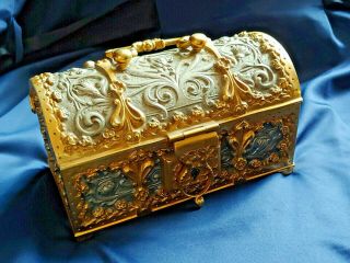 Antique ERHARD & SOHNE Brass Bronze DOMED Jewelry Box with Key Blue Velvet 2