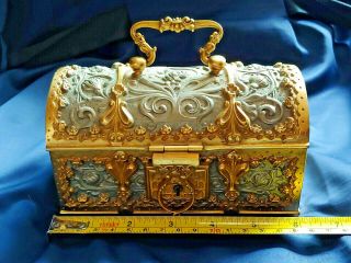 Antique ERHARD & SOHNE Brass Bronze DOMED Jewelry Box with Key Blue Velvet 3