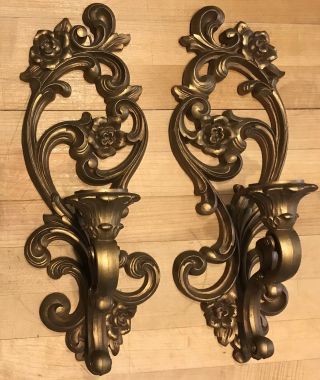 Vintage Set Of 2 Homco Gold Wall Sconces Hollywood Regency Style Mid Century 15”