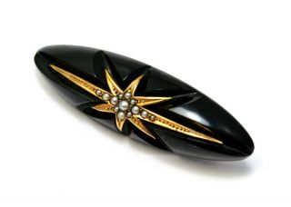 Antique Victorian 10k Gold Onyx Seed Pearl Starburst Bar Pin Brooch
