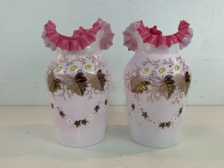 Vintage Pink Bristol Glass Vases W/ Painted Floral Decorations & Ruffled