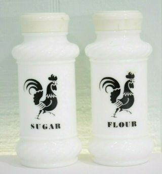 Vintage Rooster Sugar And Flour Shakers Black & White Milk Glass Mid Century