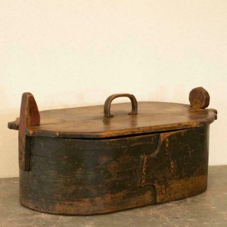Antique Black Painted Bent Wood Box From Sweden