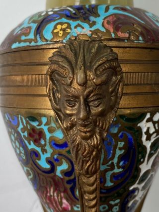 Antique Greek Revival Enameled Bronze Amphora Lamp,  Satyr Heads Onyx Base