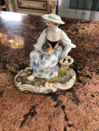 Fine Antique 19th Century Meissen Porcelain Lady With Chicken Figurine