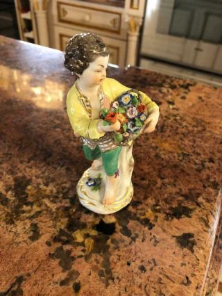 Fine Antique Meissen Porcelain Boy With Flower And Basket Of Flowers