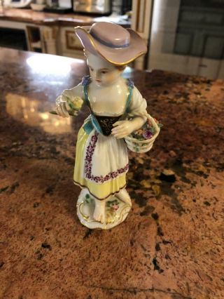 Fine Antique Meissen Porcelain Figurine Lady With Flower And Basket With Flowers