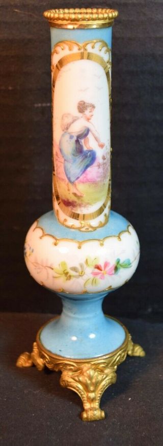 Small Sevres Style Bronze Mounted Porcelain Bud Vase With Girl