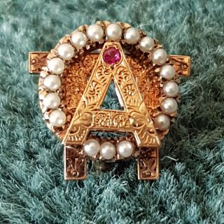 Vintage Alpha Omicron Pi sorority frat gold pearl ruby Montana badge pin - wow 2